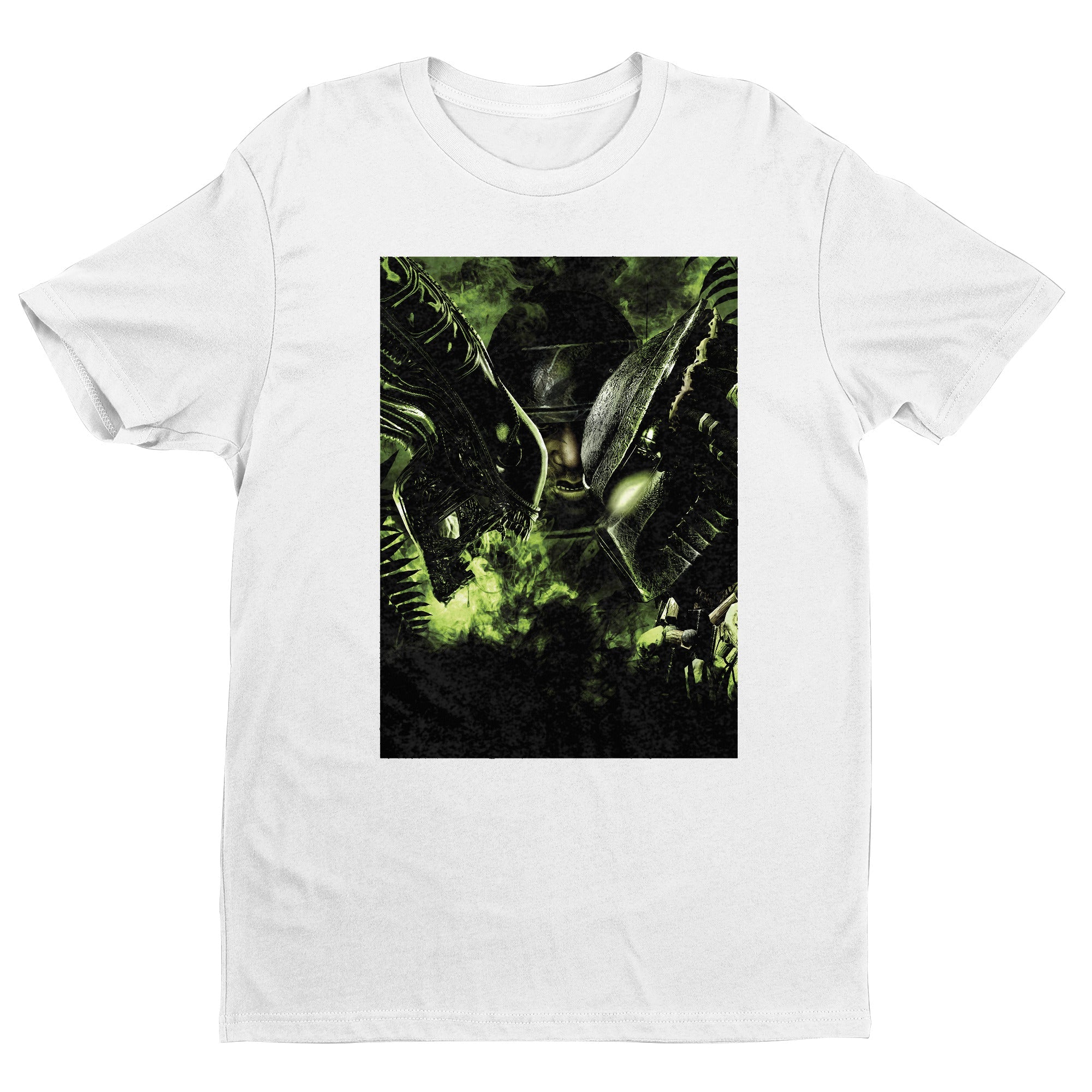 Aliens vs. Predator promotional art tee — white unisex t-shirt, front view